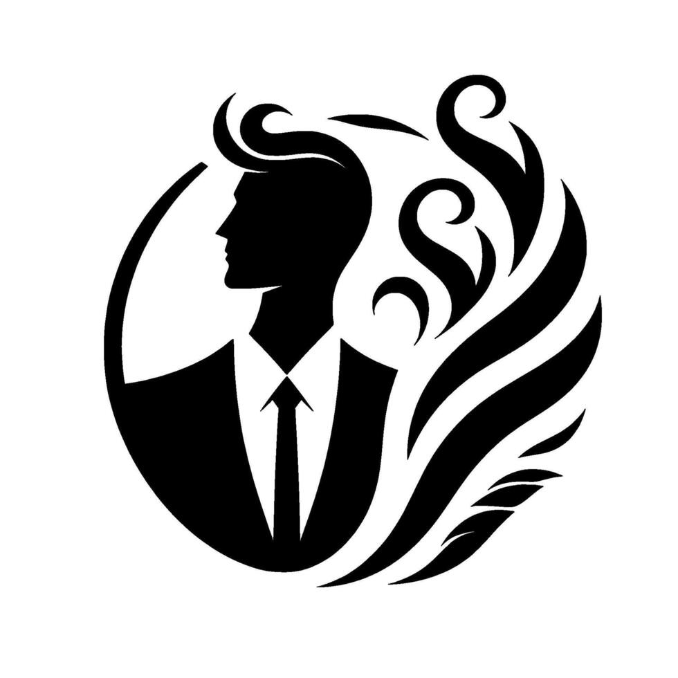 Silhouette of a sophisticated man in a suit, encircled by stylized organic swirls, conveying professionalism. vector