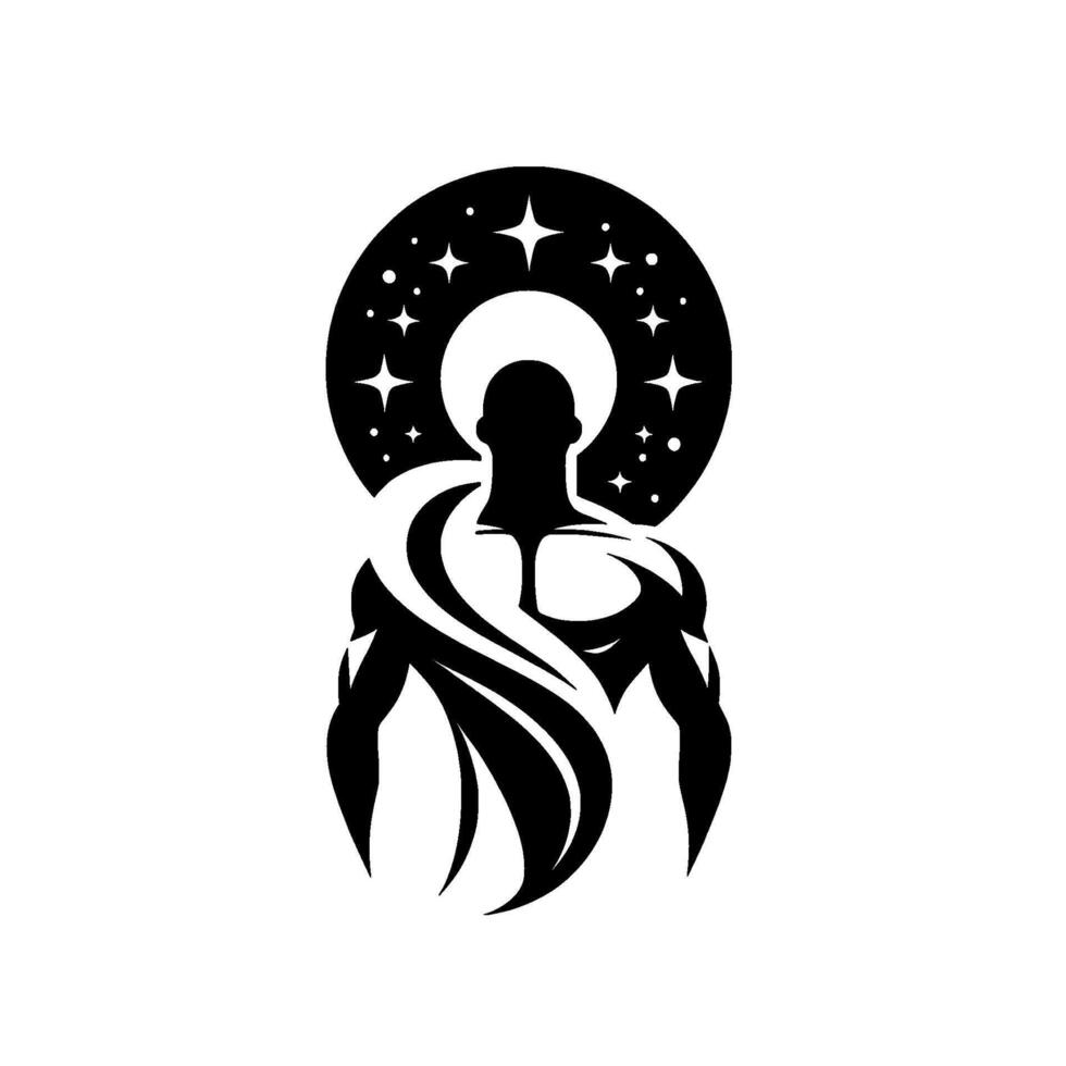Muscular figure with flowing and star halo, representing strength, celestial connection, and modern spiritual power in a minimalist illustration. vector