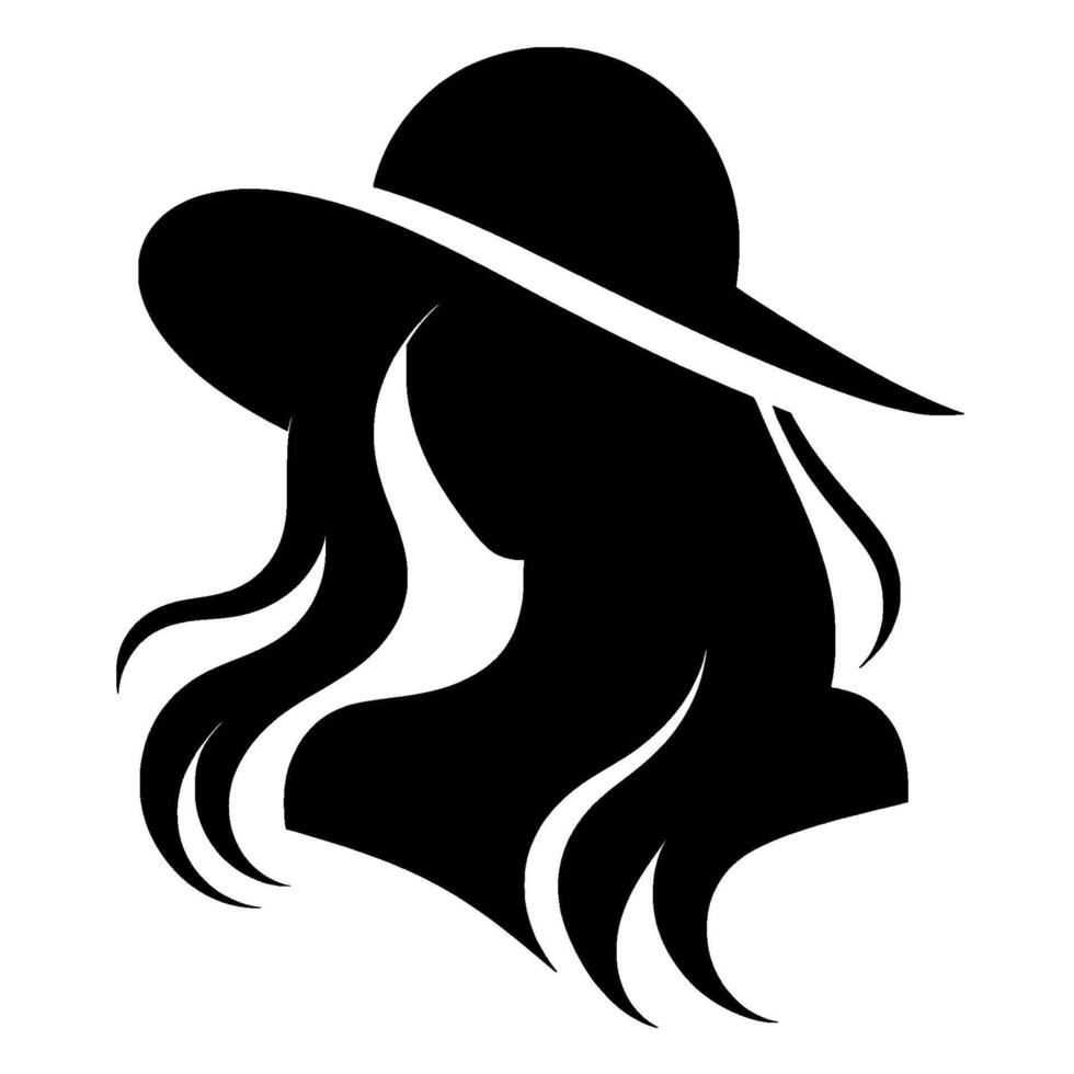 Elegant Silhouette of a Woman in a WideBrimmed Hat Black and White Illustration, with Flowing Hair and a Simple, Stylish . vector