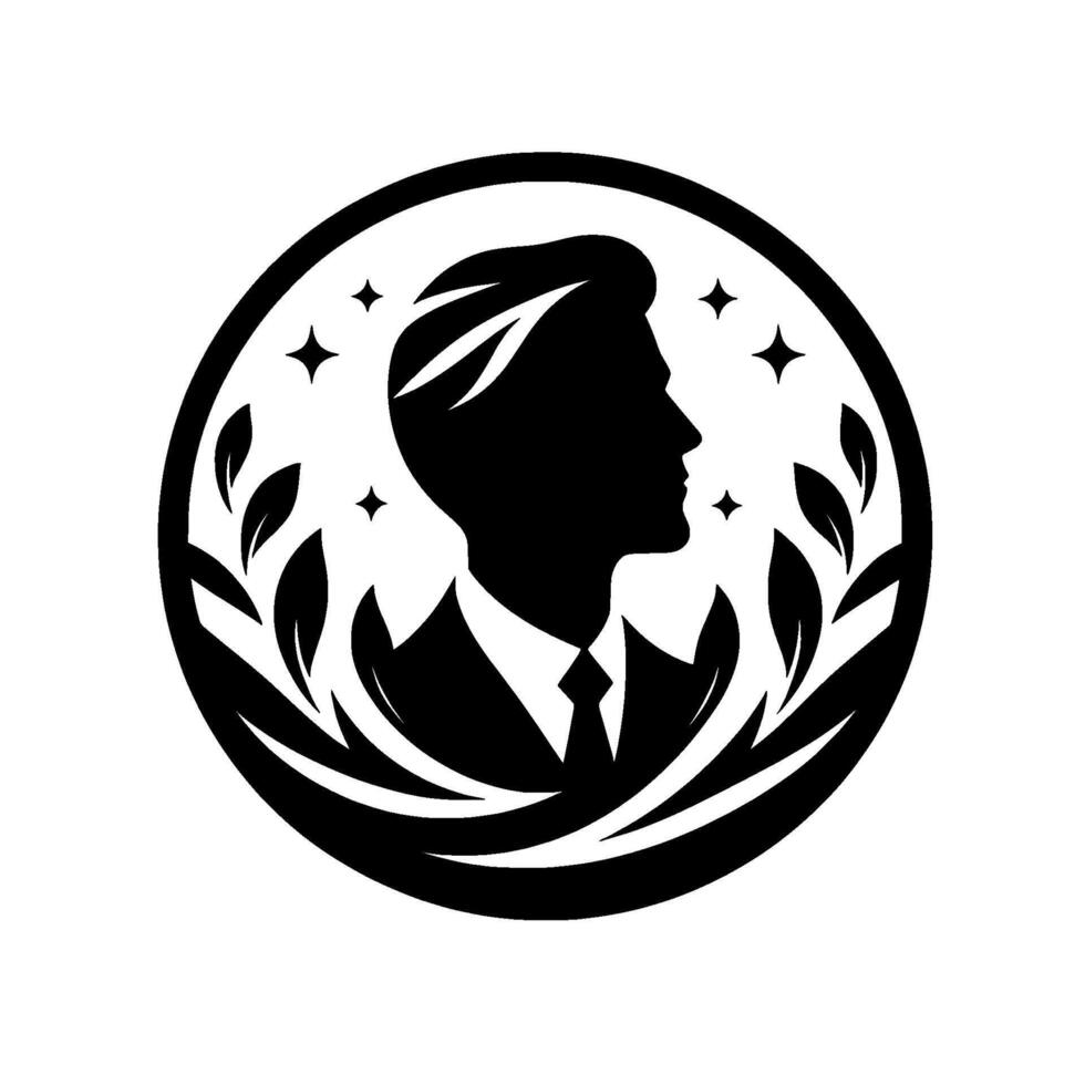 Elegant Black Silhouette of a Professional in a Suit, Surrounded by Leaves and Stars within a Circular Frame. vector