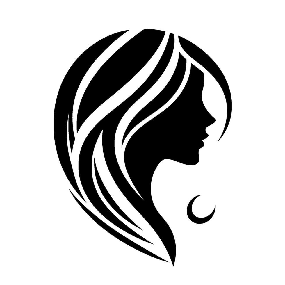 Elegant Silhouette of a Woman with Flowing Hair and Crescent Moon Against White Background, Minimalist Beauty Symbol. vector