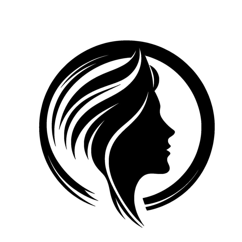 Elegant Silhouette of Womans Profile within a Circular Frame, Depicting Flowing Hair and a Classic Aesthetic. vector