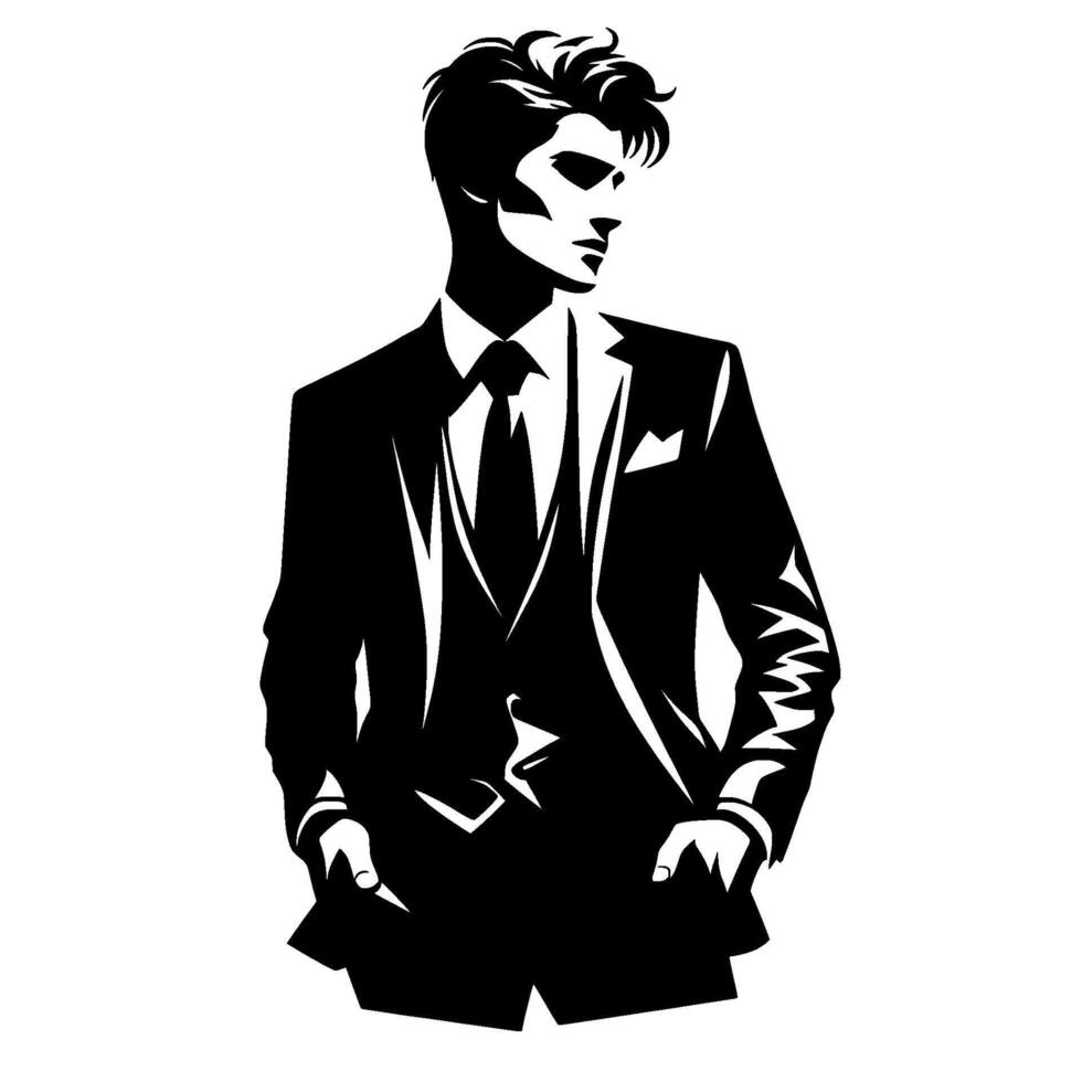 A stylized black and white illustration of a dapper man in a tailored suit, hair perfectly coiffed, with a confident and enigmatic gaze, posed with hands in pockets. vector