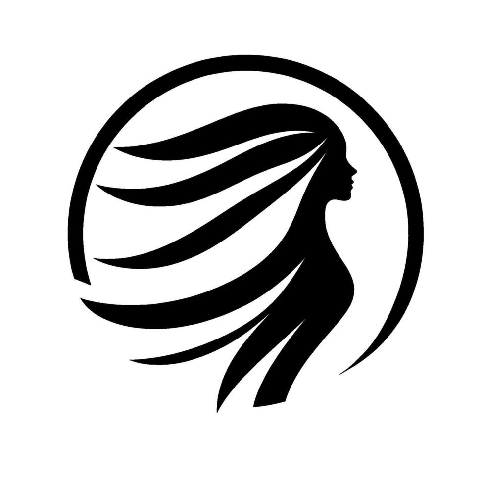 Silhouette of an Elegant Woman with Flowing Hair Encircled by a Black Ring, Isolated on White. vector