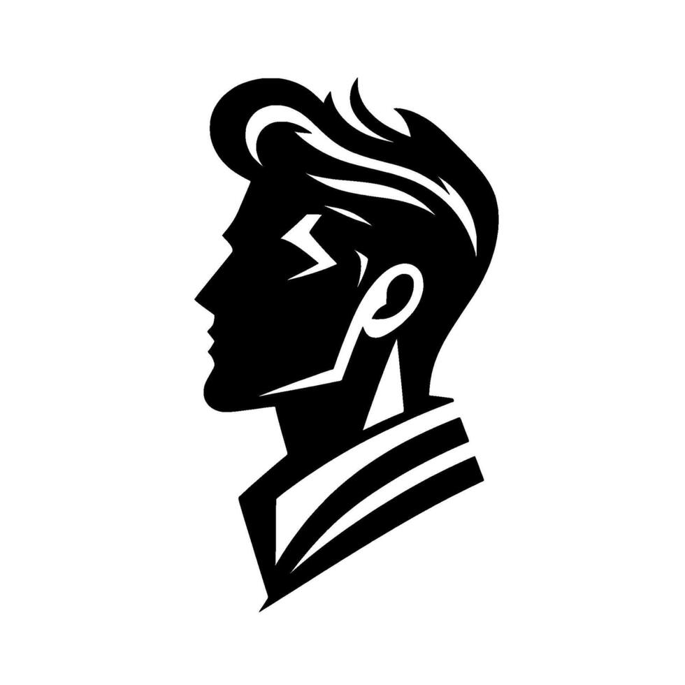 Bold Black White Side Profile Illustration of a Stylish Man with Lightning Bolt, Modern Haircut, and Striped Collar vector