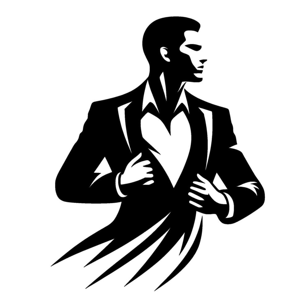 Silhouette of a Man in a Suit with HeartShaped Interior, Expressing Passion and Love in Bold Black and White Style. vector