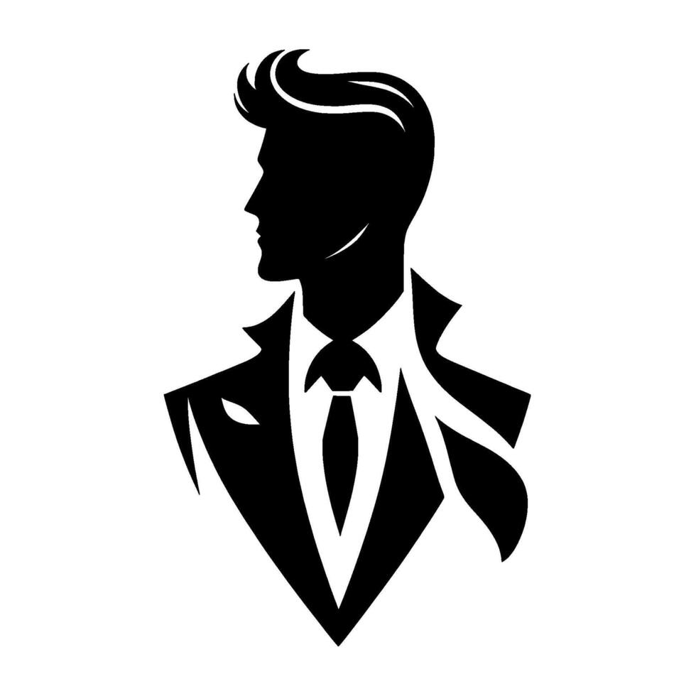 Elegant Silhouette A Black and White Illustration of a Man in a Suit, Featuring Stylish Hair and Refined Details. vector