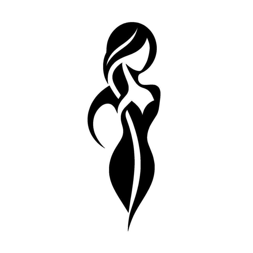 Silhouette of Elegant Woman in Evening Gown, Black on White, Flowing Hair, Modern Minimalist . vector