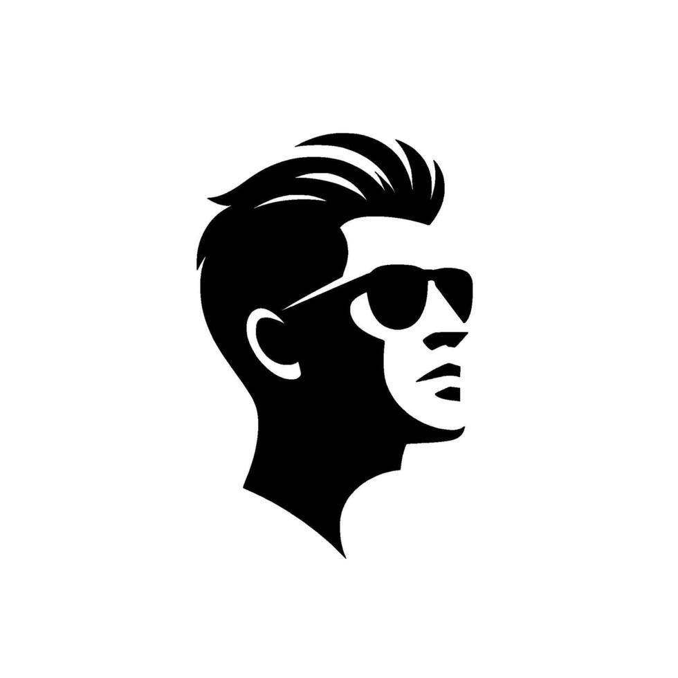 Sleek, stylized profile of a man with sunglasses, showcasing a sharp hairstyle against a crisp white backdrop, exuding cool confidence. vector