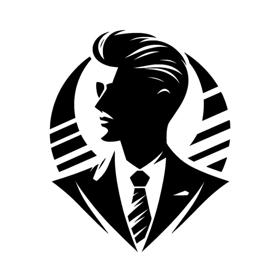 Silhouette of a sharply dressed man with a distinctive pompadour hairstyle, framed by a striped circle, minimalist, . vector