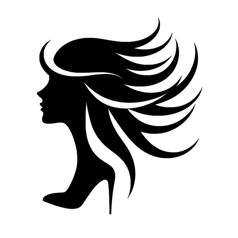 Elegant Black Silhouette of a Woman with Flowing Hair and Stiletto Heel, Isolated on White, Style, Chic Beauty Concept vector