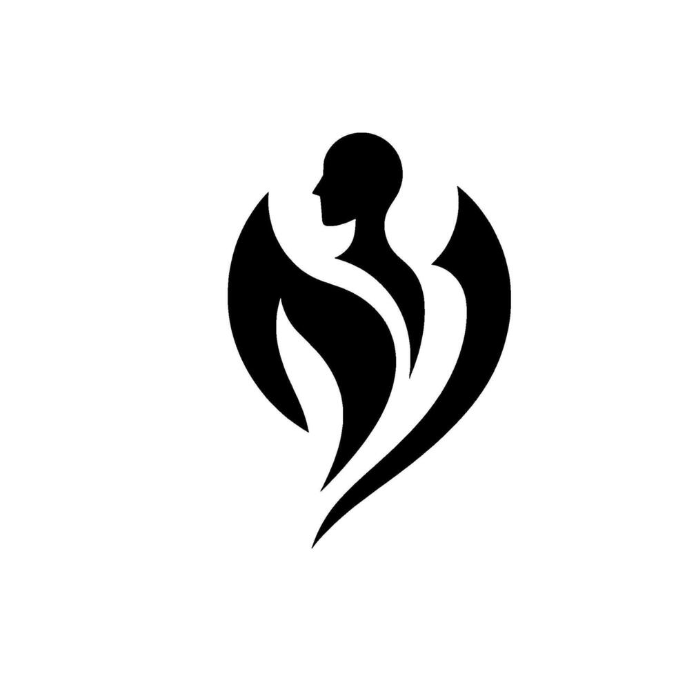 Stylized Black Silhouette of a Human Figure with Abstract Winglike Shapes, Evoking Flight and Freedom Against a White Background. vector