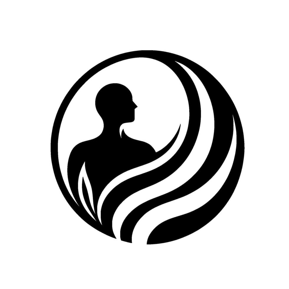 Silhouette of a person inside a circle with stylized wavelike elements, representing inner peace and harmony, set against a white background. vector
