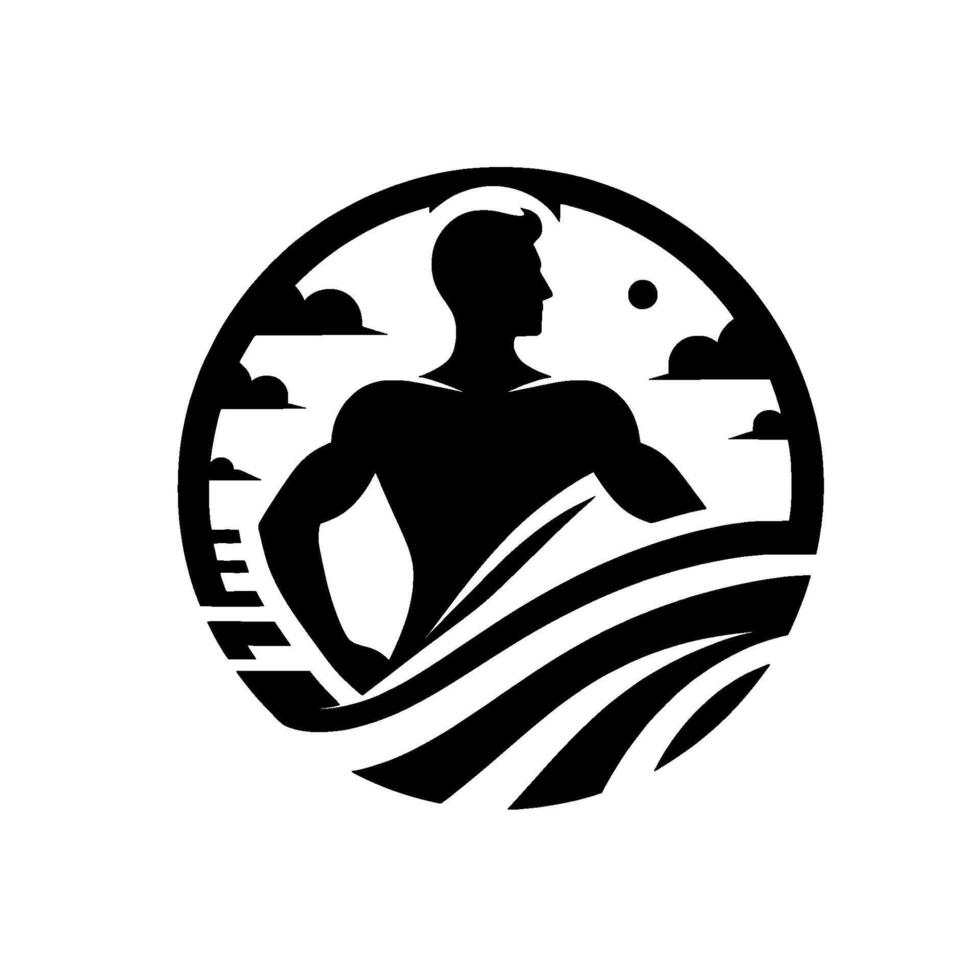 Silhouette of a strong man standing in water within a circular frame, featuring a stylized sea, clouds, and sun, exuding a sense of resilience and strength. vector