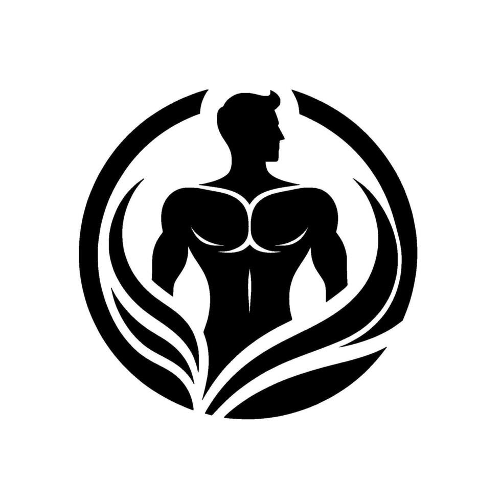 Stylized Black Silhouette of Muscular Man Enclosed in Circular Frame with LeafLike FitnessGym Aesthetic. vector