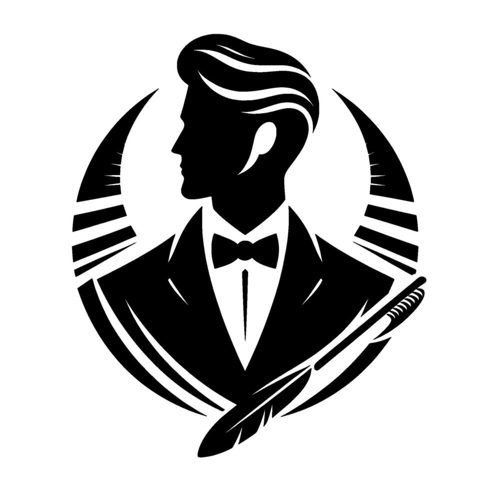 Elegant Silhouette of a Gentleman in Formal Attire with a Feather and a Decorative Circle. vector