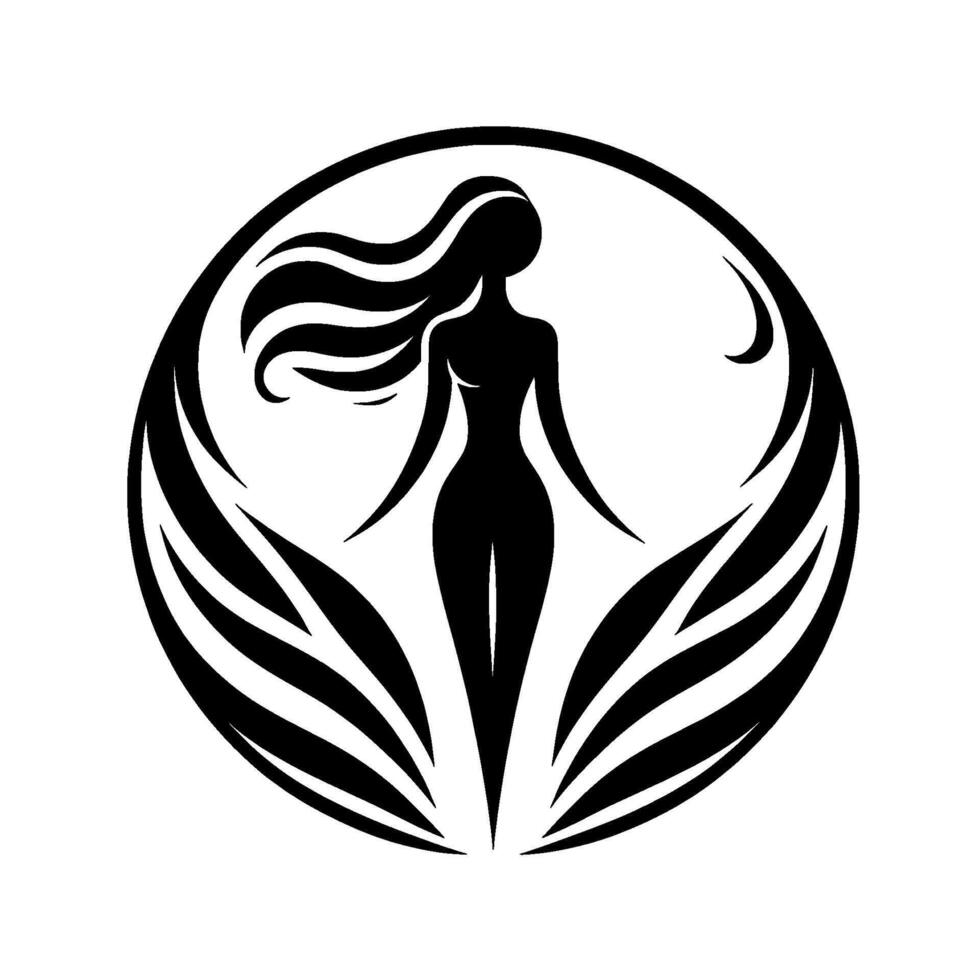 Elegant Silhouette of a Woman Within a Circle of Flowing Lines, Representing Grace, Balance, and Natural Beauty. vector