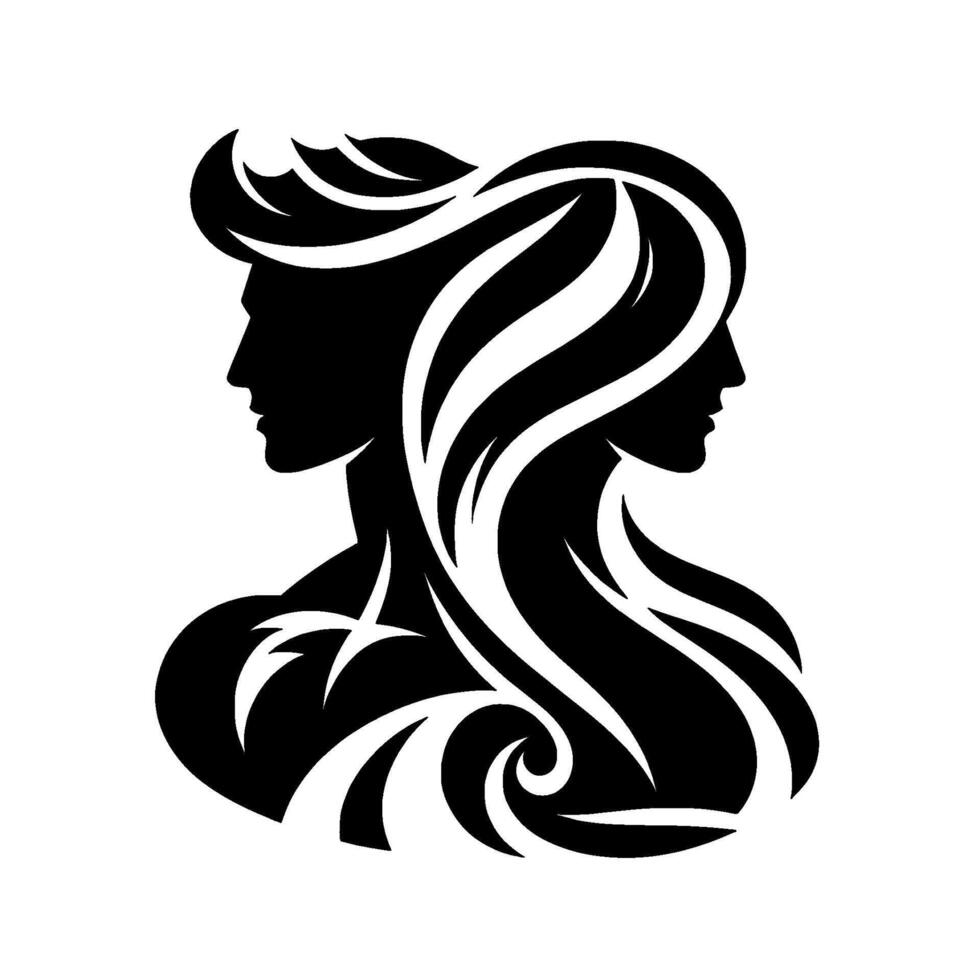 A stylized black and white silhouette depicting two profiles, a man and a woman, intertwined in a symmetrical with flowing hair and abstract body art. vector