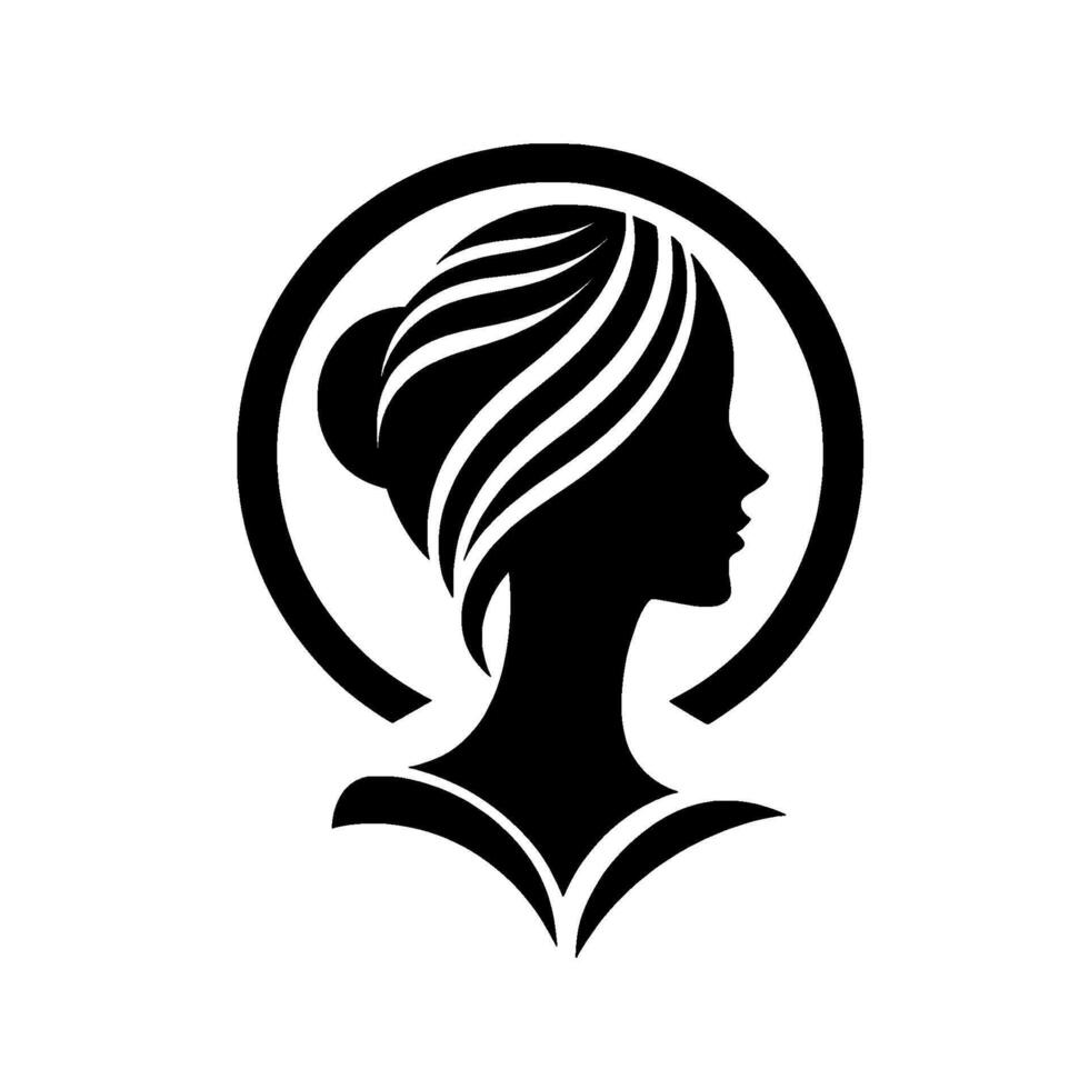 Silhouette of a womans profile, stylized with a bun, flowing layered hair, framed within a black circle against a white background, minimalist and elegant. vector