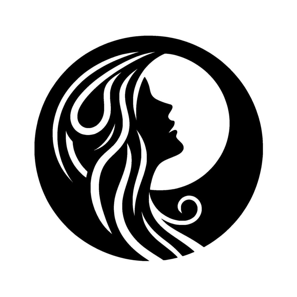 Minimalist Silhouette Womans Profile in Black White Circle with Flowing Hair, Graceful Elegance. vector