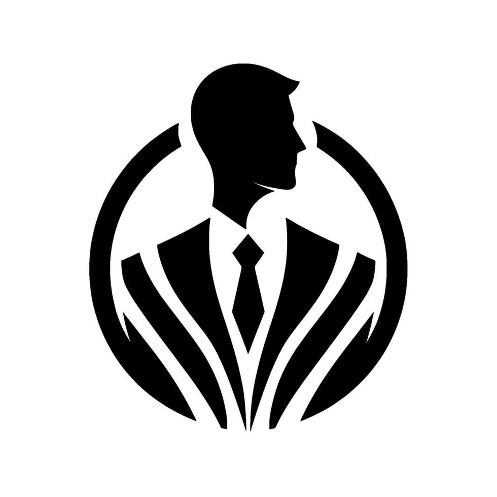 A stylized, minimalist black and white featuring a businessmans silhouette within a circle, showcasing modern professionalism. vector