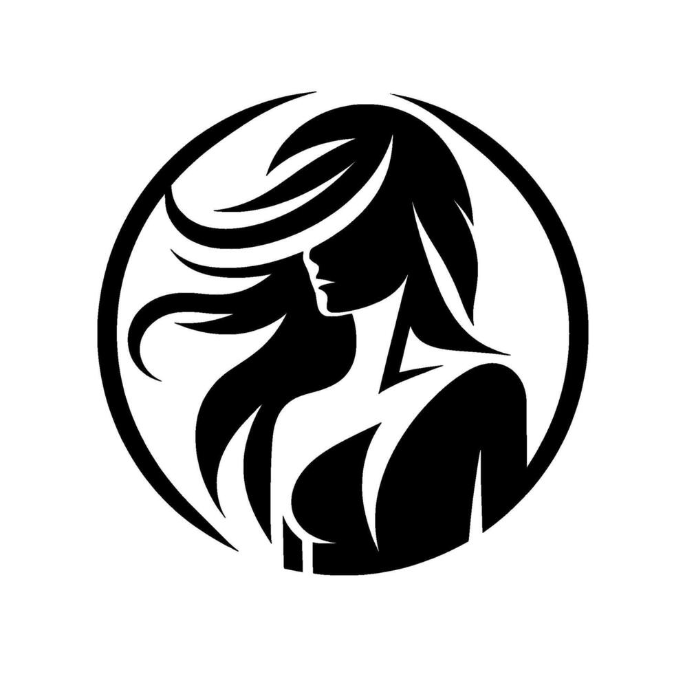 Elegant Minimalist Silhouette of a Woman with Flowing Hair, Framed by a Circular Border in Black and White, Evoking Grace. vector