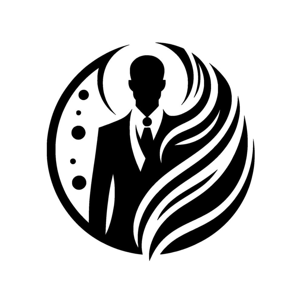 Silhouette of a businessman in a suit, set within an abstract circular with stylized elements and a modern, minimalist aesthetic. vector