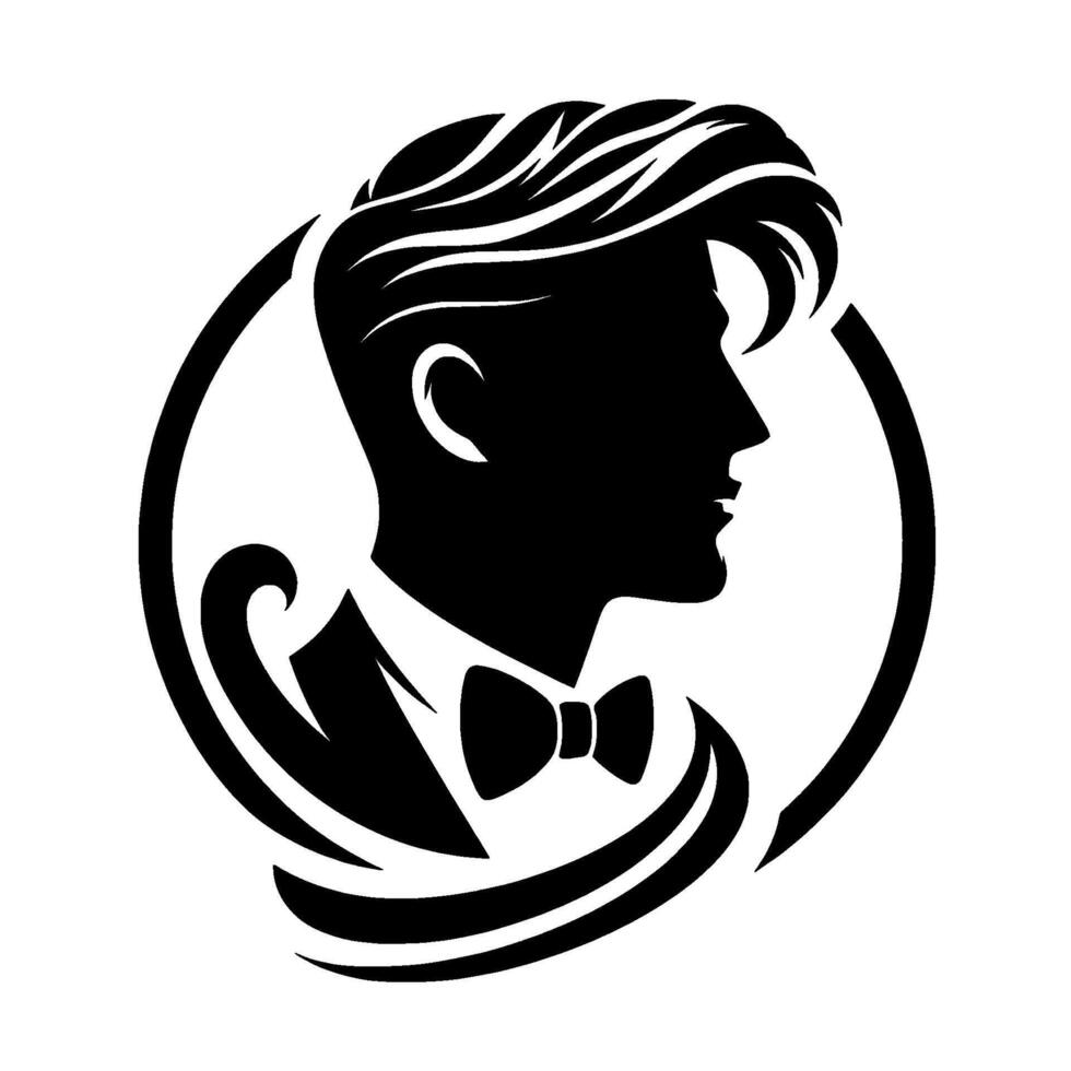 Classic Silhouette of a Gentleman with Stylish Hair and Bow Tie Inside a Circular Emblem, Black White, Elegant . vector