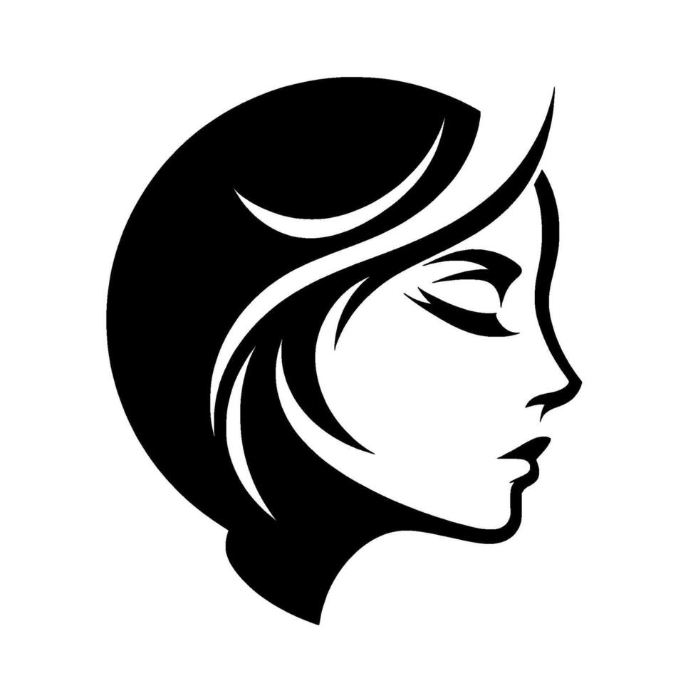 Elegant Black and White Silhouette of a Womans Profile with flowing Hair and Eyes Closed, on a plain white background. vector