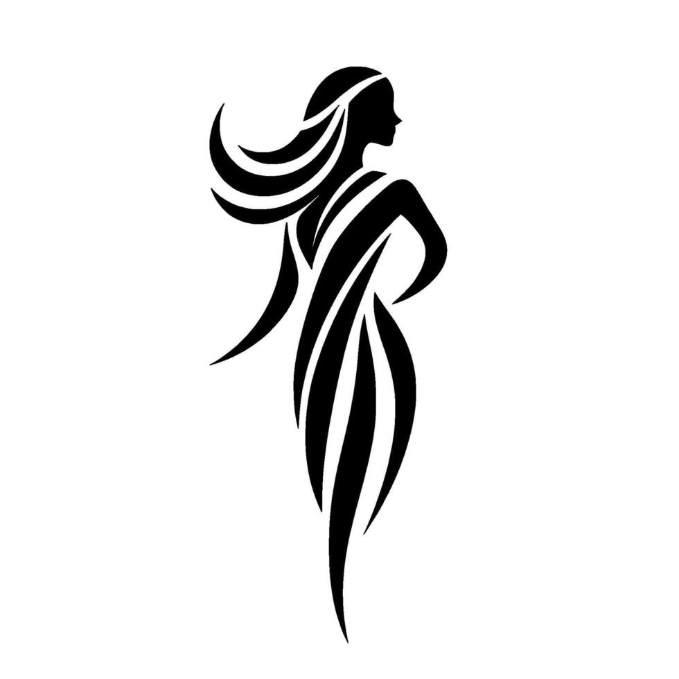 Elegant Black and White Silhouette A Woman in Flowing Lines, Arms on Hips, with Long Wavy Hair, in Profile. vector