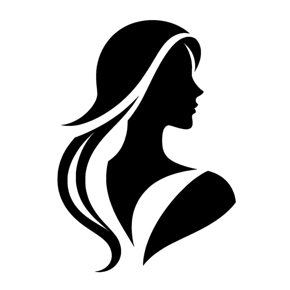 Elegant Silhouette Profile View of a Woman with Flowing Hair, in a Black and White Minimalist , Expressing Grace and Serenity. vector