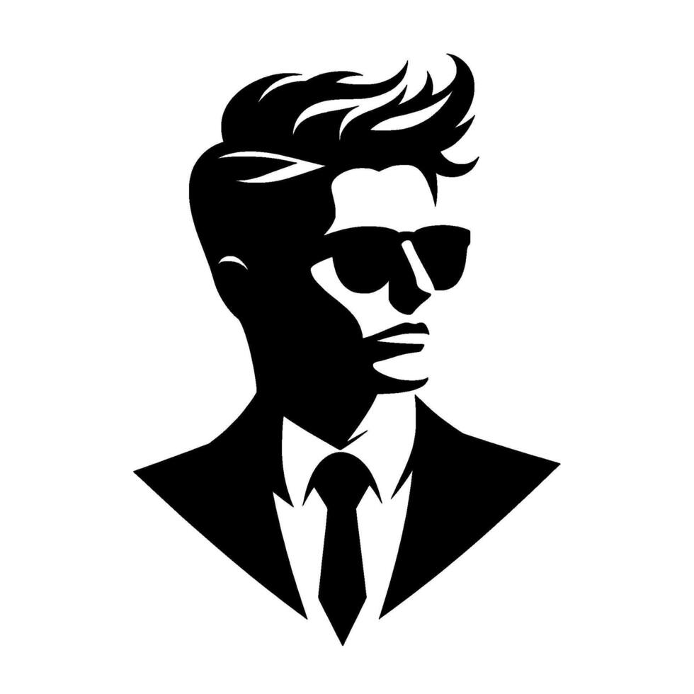 A stylized black and white portrait of a sharply dressed man with bold hairstyle and sunglasses, exuding cool confidence. vector