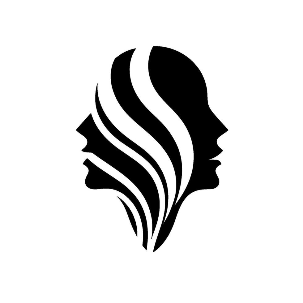 Stylized Silhouette of Two Faces Merging, with Flowing Hair in Black and White, Suggesting Unity or Duality vector