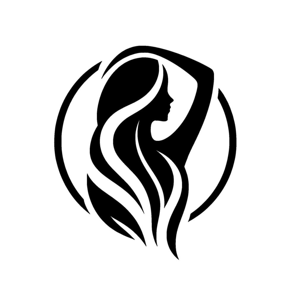 Elegant Silhouette of a Woman with Flowing Hair, Framed by a Circle, in a Minimalist Black and White . vector