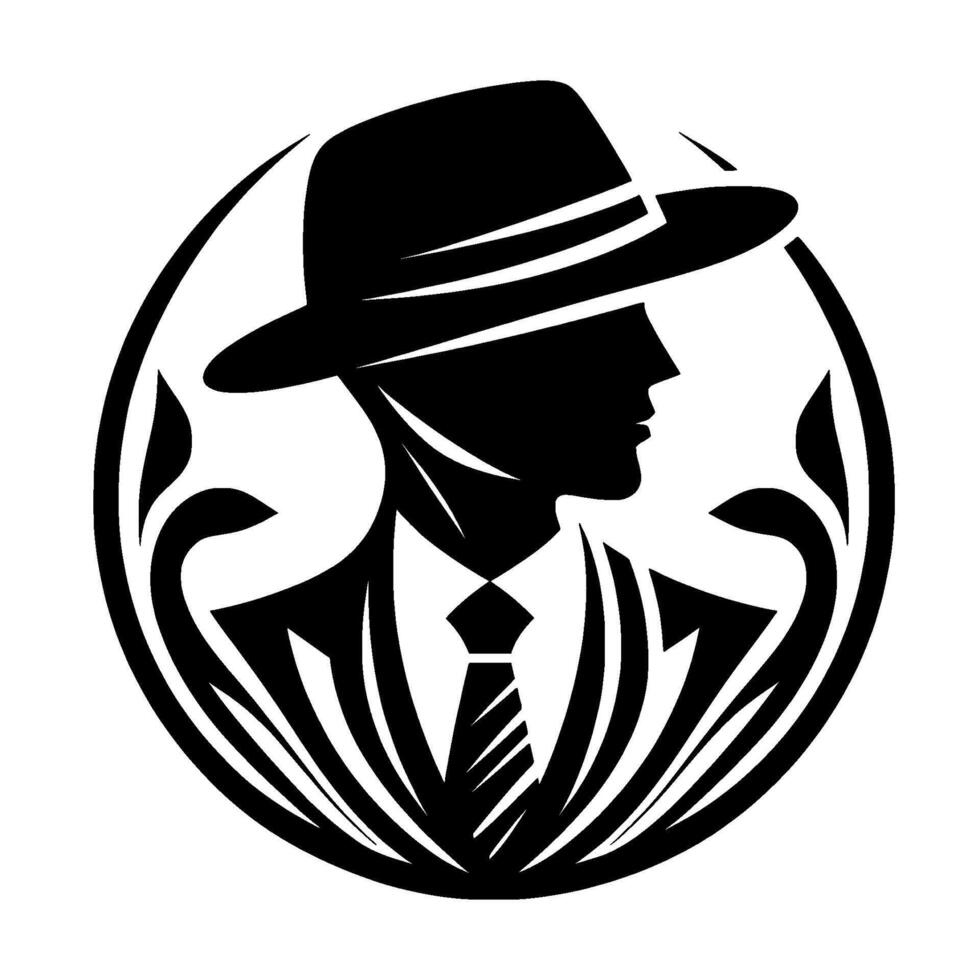Silhouette of a man in a fedora and suit, encircled by ornate leafy designs, exuding a vintage and stylish aesthetic. vector