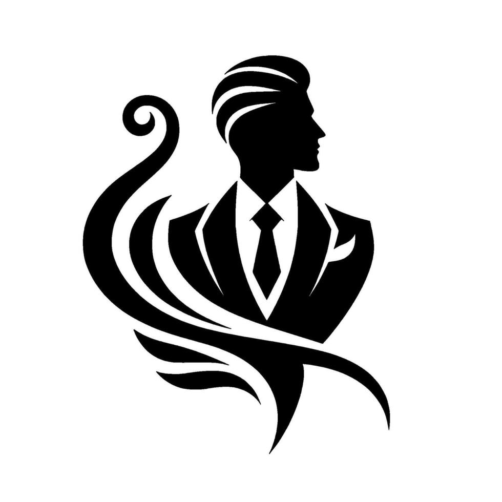 Silhouette of an elegant man in a suit, facing right with stylized ornamental swirls, perfect for barbershop or fashion branding. vector