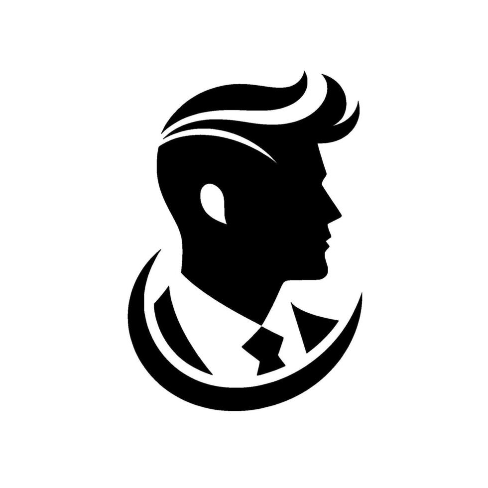 Silhouette of a stylish man with modern haircut in profile, wearing a shirt and bow tie, encircled by a stylized arc, isolated on white. vector
