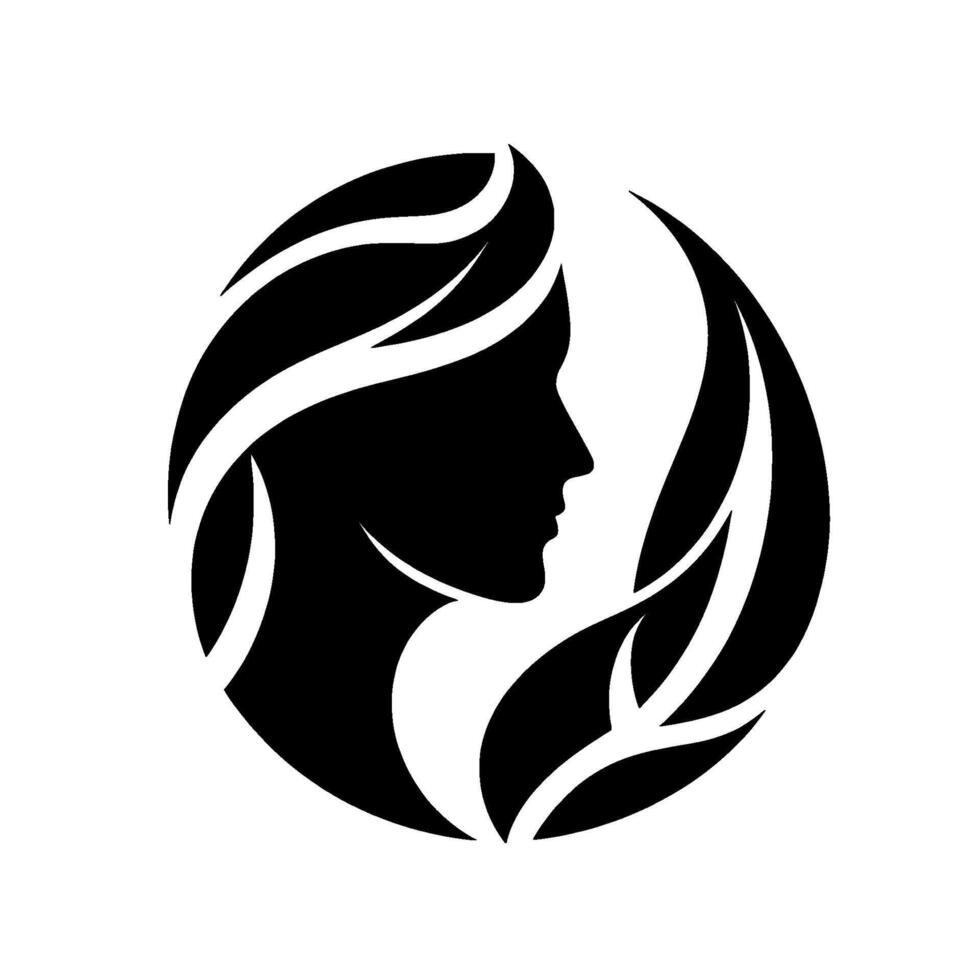 A stylized black and white of a womans profile framed by organic leaf elements, creating an elegant and naturalistic . vector