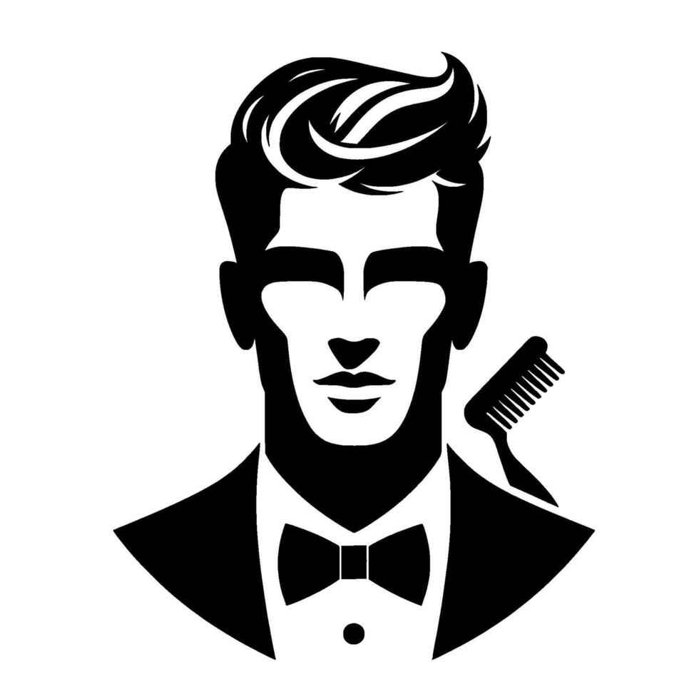 Stylized monochrome illustration of a wellgroomed man in formal attire, with a comb suggesting a barber shop or grooming theme. vector
