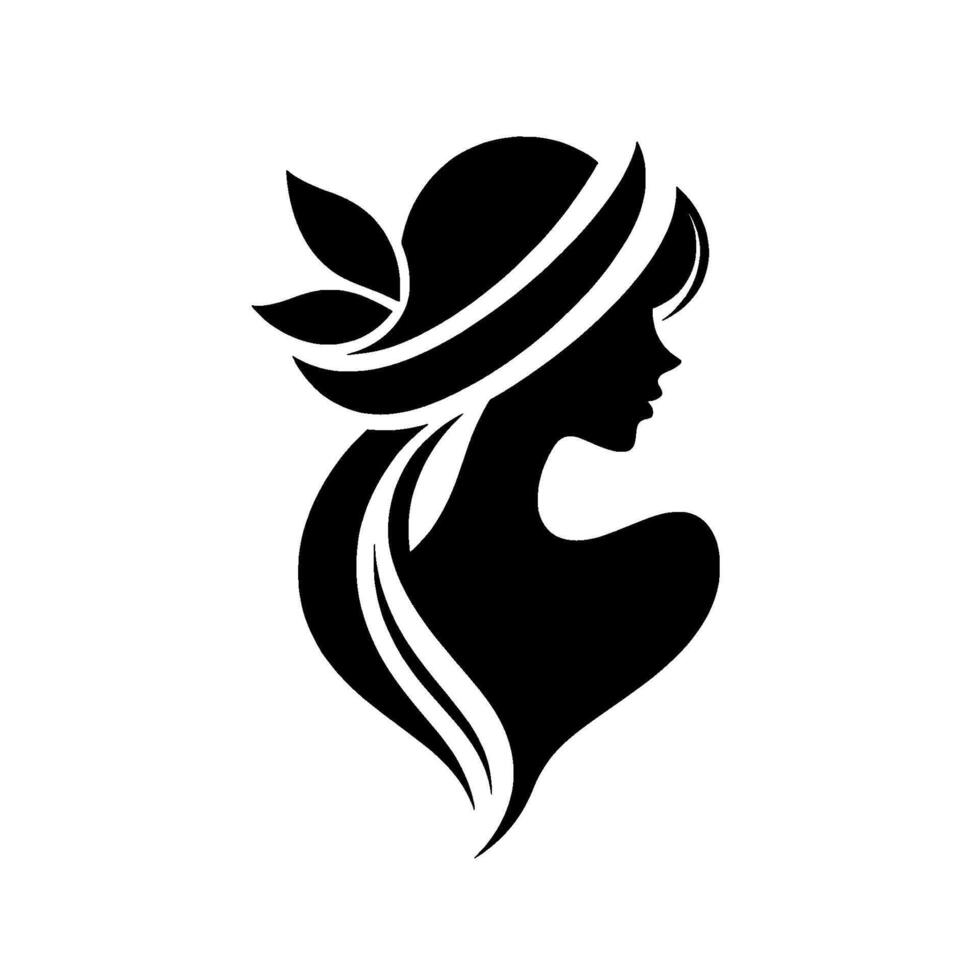 Elegant Silhouette of a Woman in Profile, Adorned with a Stylish Hat and Flowing Hair with Leaf Accents, Set Against a Clean White Background. vector