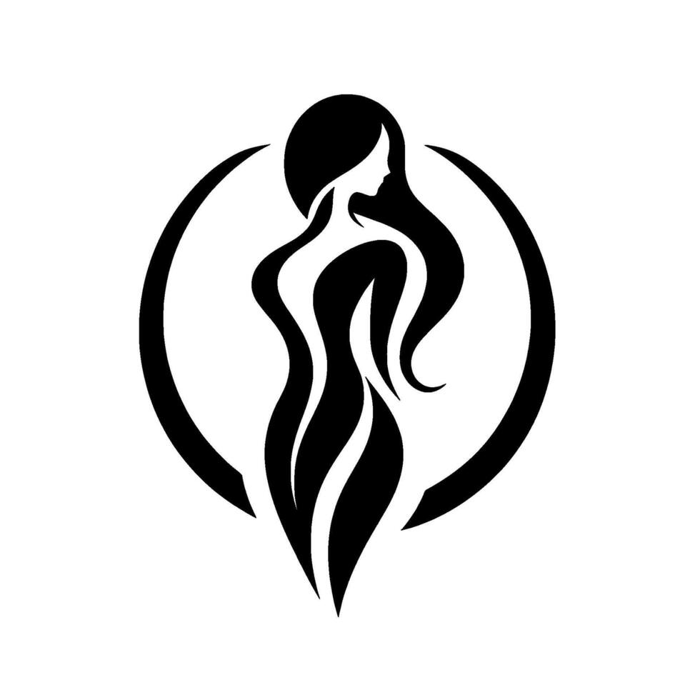 Minimalist black and white silhouette of a woman within a circular frame, showcasing elegance, fashion, and natural beauty. vector