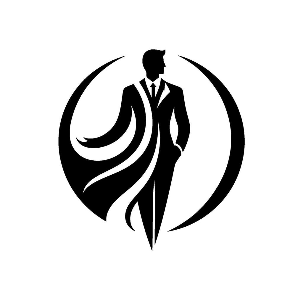 Silhouette of a Man in Suit with flowing cape standing inside a Circle, embodying elegance and power. vector
