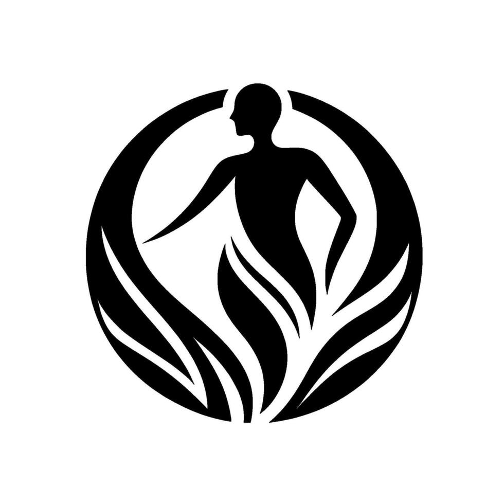 Silhouette of a dancer within a circle, surrounded by stylized flamelike shapes, in monochrome symbolizing balance. vector