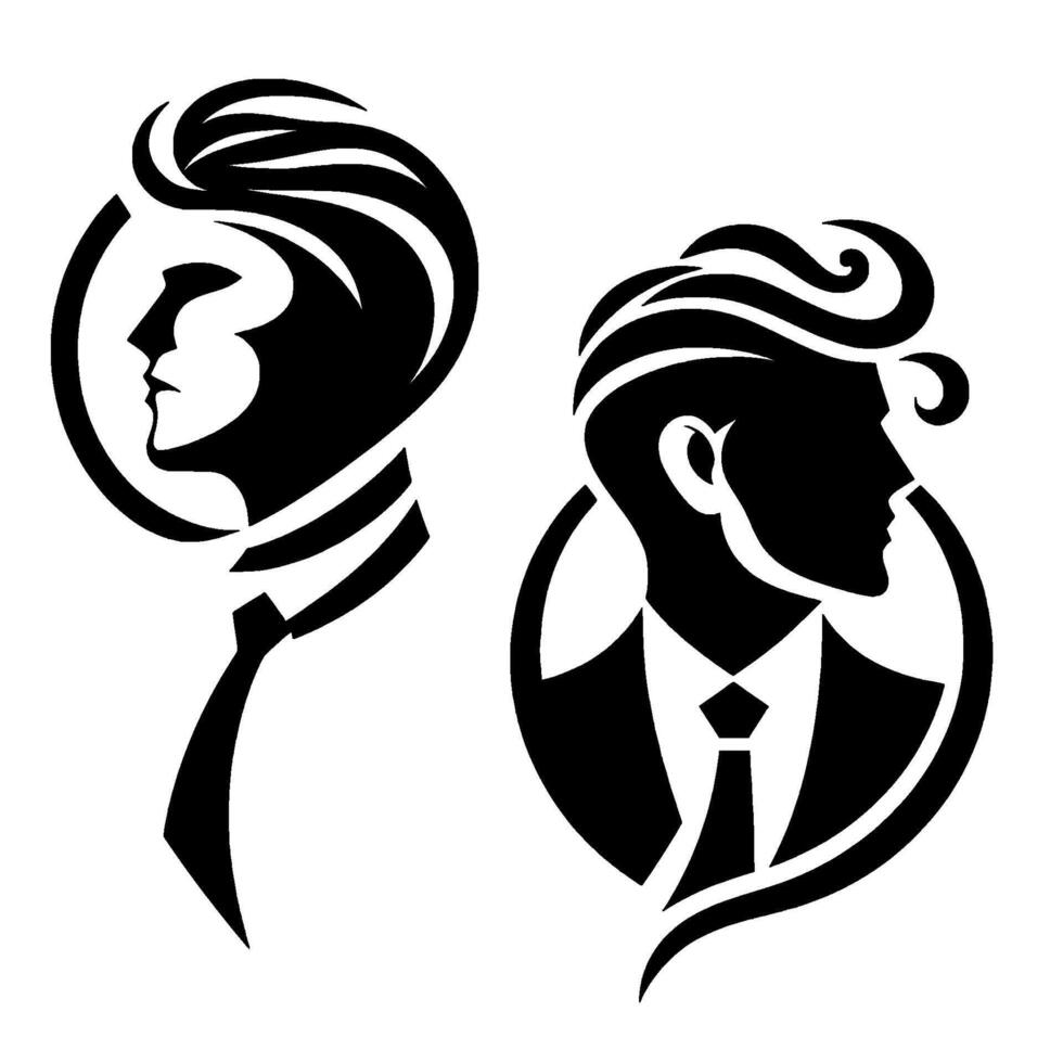 Stylized Black White Silhouettes Two Men in Profile with Modern Hairstyles, Suits Ties, Inside Circles. vector