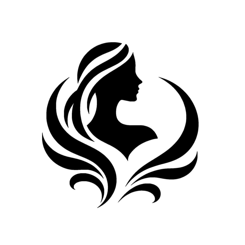 Elegant Silhouette A minimalist featuring a womans profile with flowing hair, framed by stylized, curved embellishments, set against a stark white background, representing beauty and grace. vector
