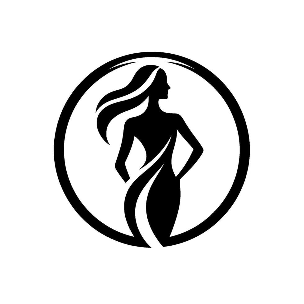 Silhouette of an elegant woman in a circle, side profile, long flowing hair, stylized for beauty, fashion, or wellness. vector