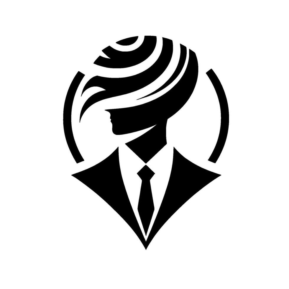 Abstract Silhouette of a Stylish Figure with Dramatic Hair, Wearing a Suit, Enclosed in a Semicircle . vector