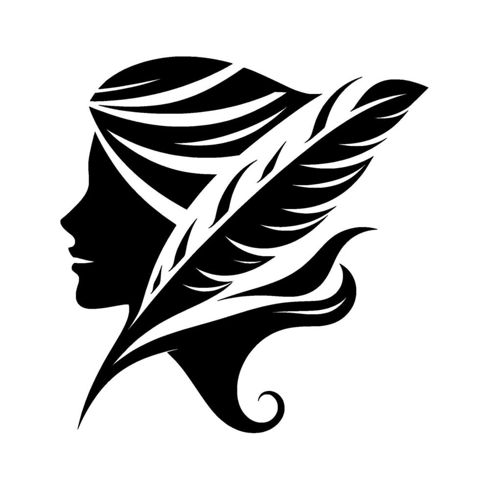 Silhouette of a womans profile interwoven with a stylized feather, a minimalist black and white composition suggesting writing or creativity. vector