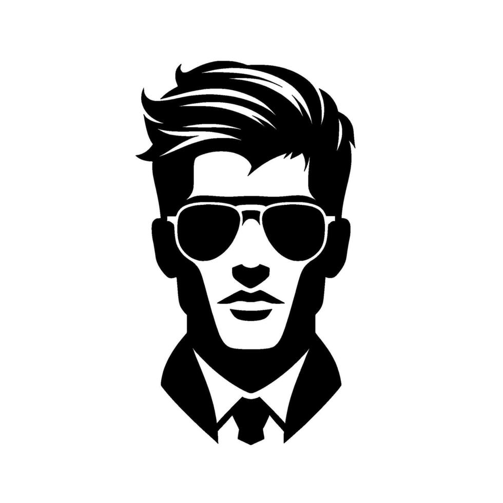 A minimalist black and white portrait of a stylish man wearing sunglasses, suit, and tie. vector