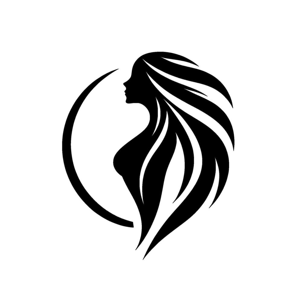 Elegant Black and White Silhouette of a Woman, Framed by a Crescent, Expressing Grace and Femininity. vector
